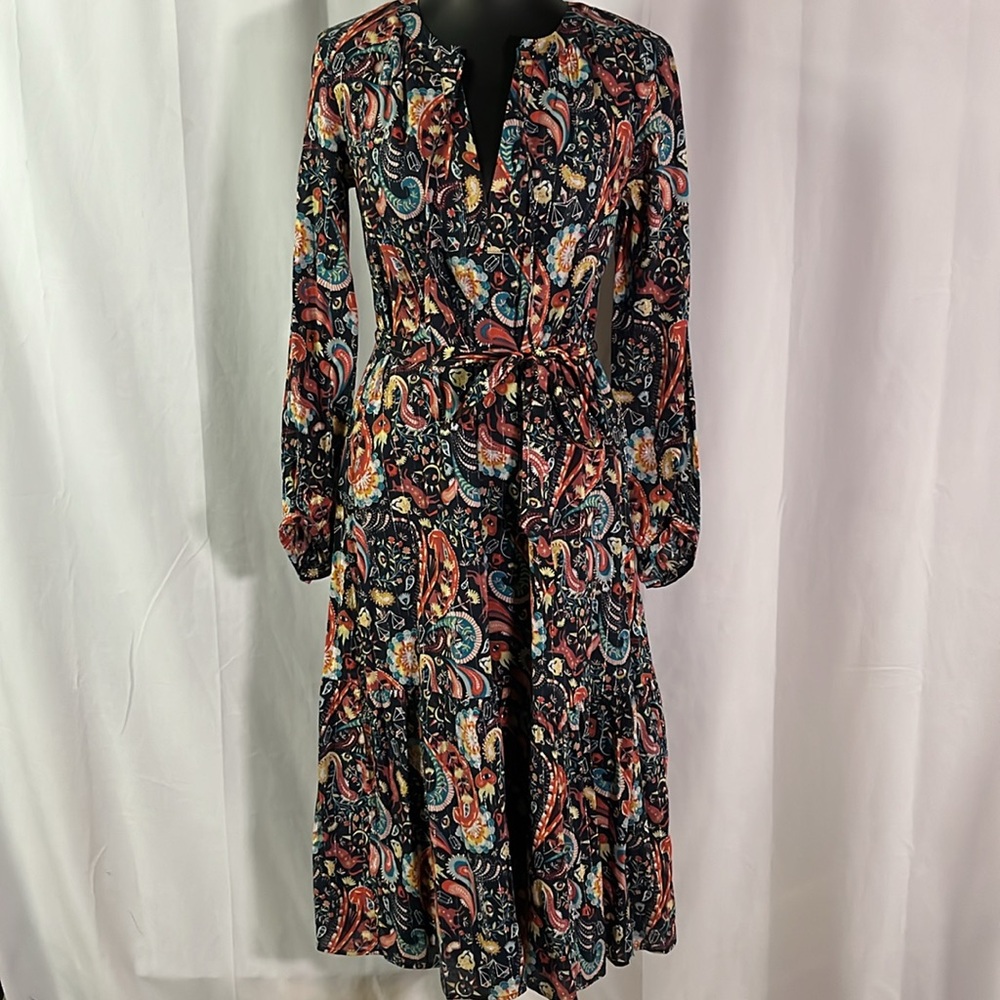 NWT LOFT Multicolor Enchanted Forest Print Shimmer Ruffle Hem Cotton Midi Dress